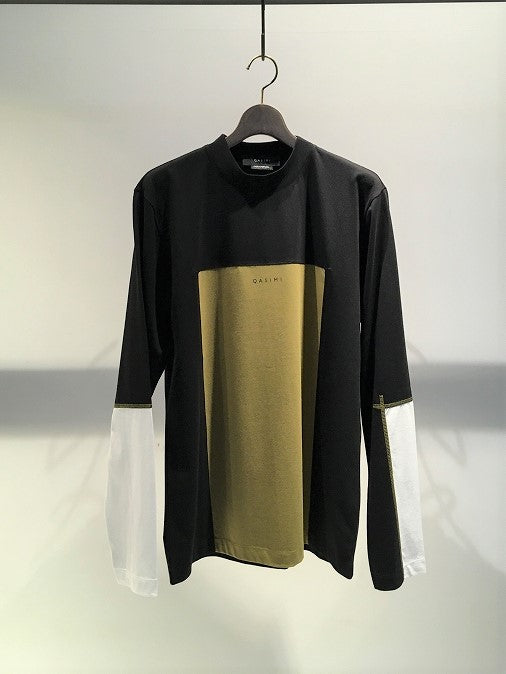 QASIMI / COLOUR BLOCK LONG SLEEVE TEE / BLACK-KHAKI-WHITE